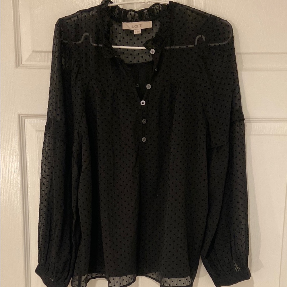 LOFT Black Buttoned Relaxed Blouse with Mandarin Collar